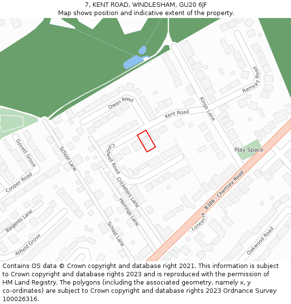 7, KENT ROAD, WINDLESHAM, GU20 6JF: Location map and indicative extent of plot
