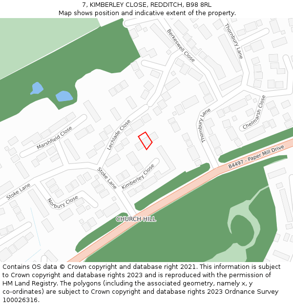 7, KIMBERLEY CLOSE, REDDITCH, B98 8RL: Location map and indicative extent of plot