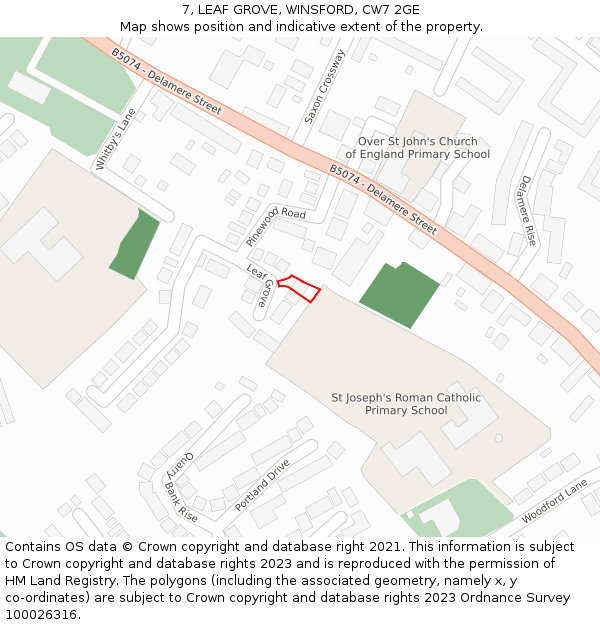 7, LEAF GROVE, WINSFORD, CW7 2GE: Location map and indicative extent of plot