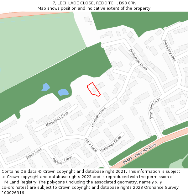 7, LECHLADE CLOSE, REDDITCH, B98 8RN: Location map and indicative extent of plot