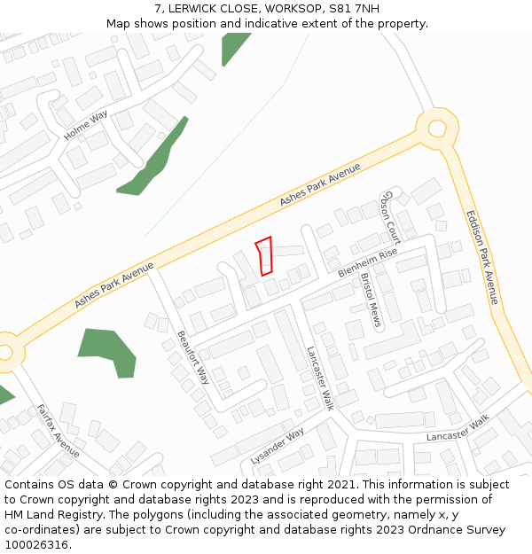 7, LERWICK CLOSE, WORKSOP, S81 7NH: Location map and indicative extent of plot