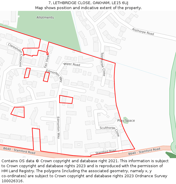 7, LETHBRIDGE CLOSE, OAKHAM, LE15 6UJ: Location map and indicative extent of plot