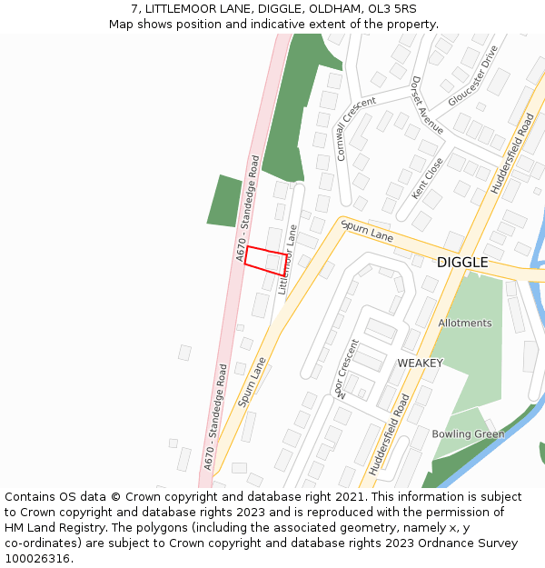 7, LITTLEMOOR LANE, DIGGLE, OLDHAM, OL3 5RS: Location map and indicative extent of plot