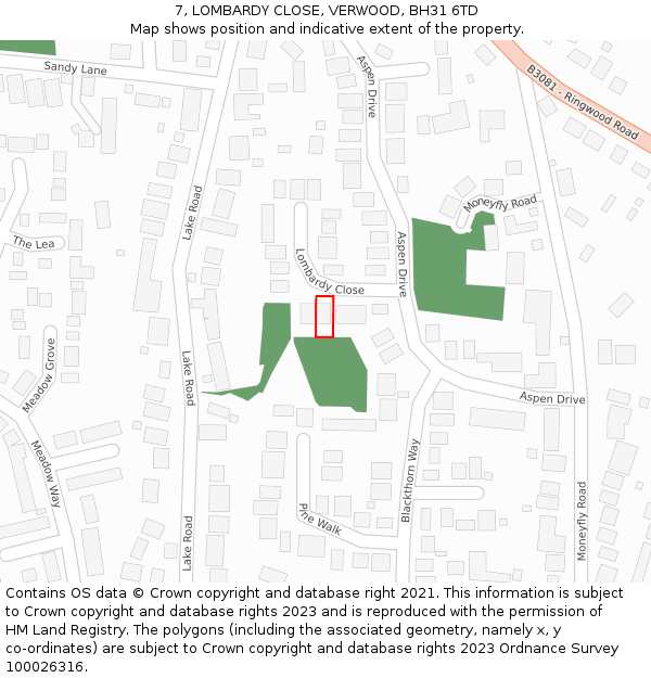 7, LOMBARDY CLOSE, VERWOOD, BH31 6TD: Location map and indicative extent of plot