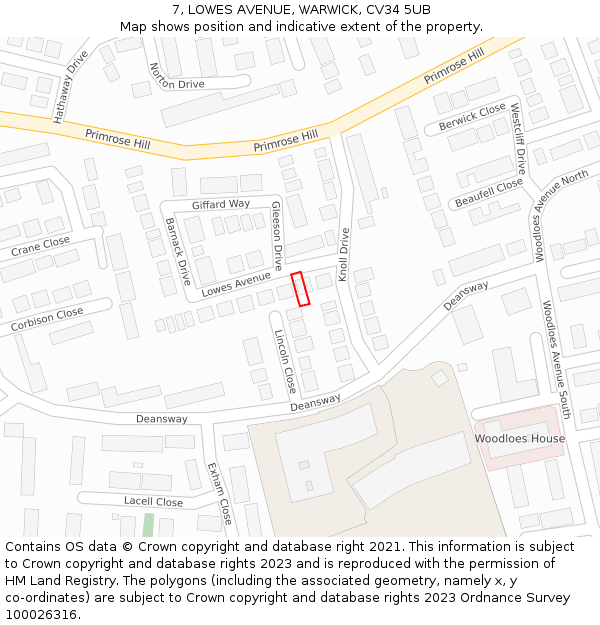 7, LOWES AVENUE, WARWICK, CV34 5UB: Location map and indicative extent of plot