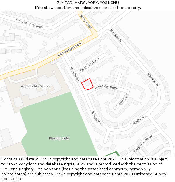 7, MEADLANDS, YORK, YO31 0NU: Location map and indicative extent of plot