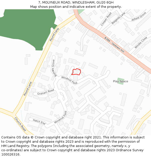 7, MOLYNEUX ROAD, WINDLESHAM, GU20 6QH: Location map and indicative extent of plot