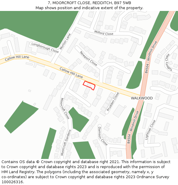 7, MOORCROFT CLOSE, REDDITCH, B97 5WB: Location map and indicative extent of plot