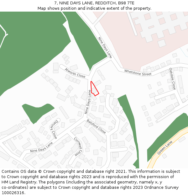 7, NINE DAYS LANE, REDDITCH, B98 7TE: Location map and indicative extent of plot