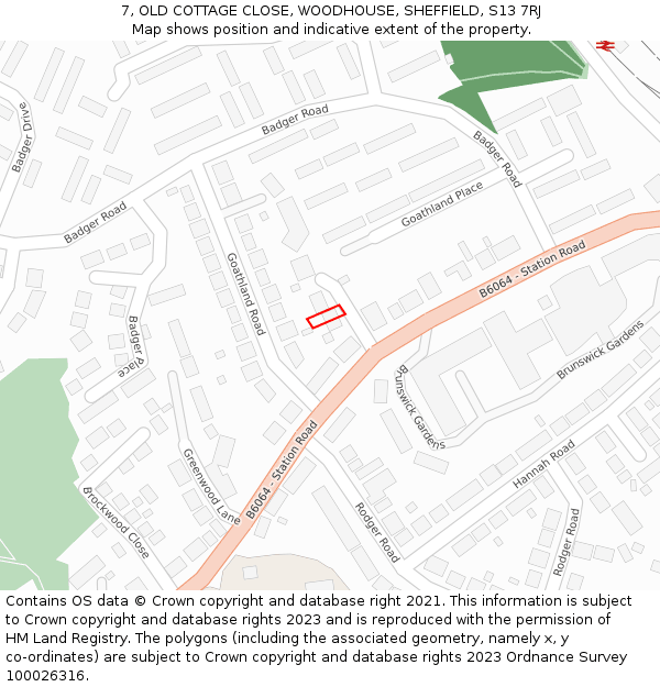 7, OLD COTTAGE CLOSE, WOODHOUSE, SHEFFIELD, S13 7RJ: Location map and indicative extent of plot