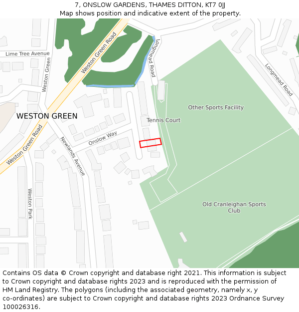 7, ONSLOW GARDENS, THAMES DITTON, KT7 0JJ: Location map and indicative extent of plot