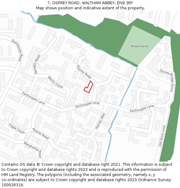 7, OSPREY ROAD, WALTHAM ABBEY, EN9 3RY: Location map and indicative extent of plot