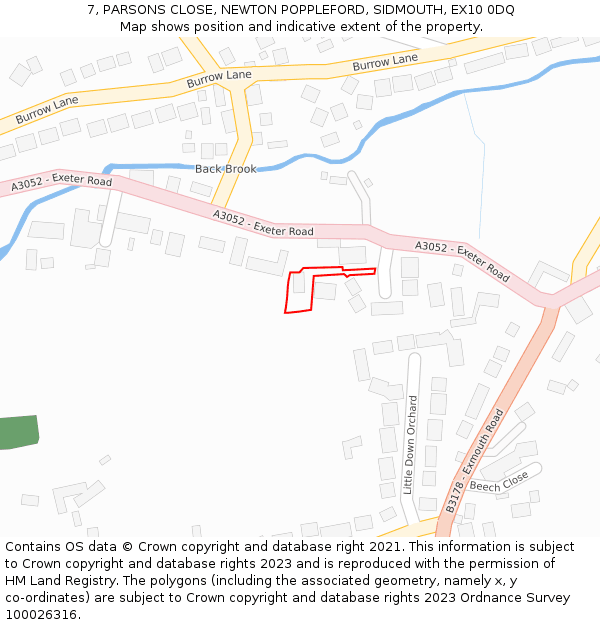 7, PARSONS CLOSE, NEWTON POPPLEFORD, SIDMOUTH, EX10 0DQ: Location map and indicative extent of plot