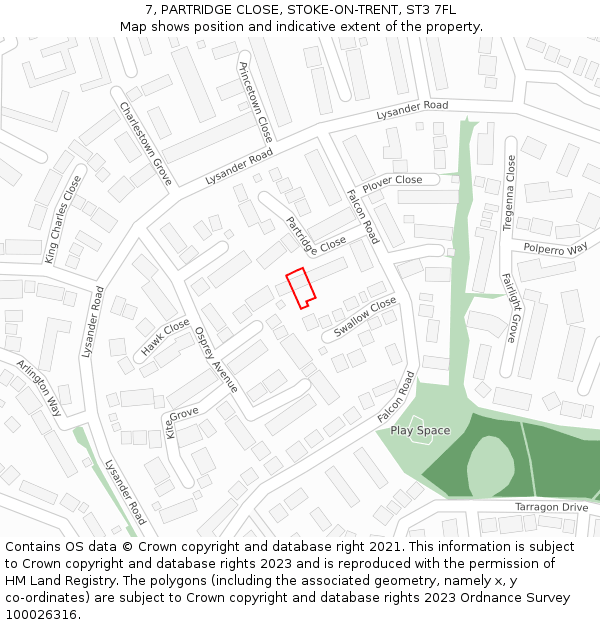 7, PARTRIDGE CLOSE, STOKE-ON-TRENT, ST3 7FL: Location map and indicative extent of plot
