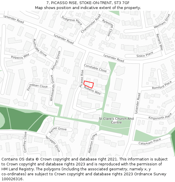 7, PICASSO RISE, STOKE-ON-TRENT, ST3 7GF: Location map and indicative extent of plot