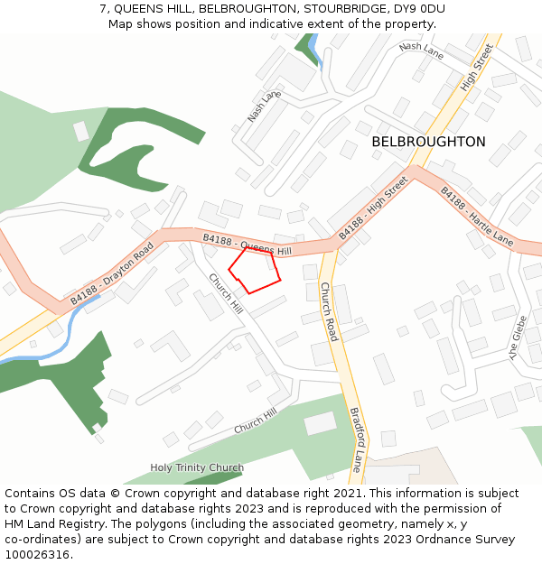 7, QUEENS HILL, BELBROUGHTON, STOURBRIDGE, DY9 0DU: Location map and indicative extent of plot
