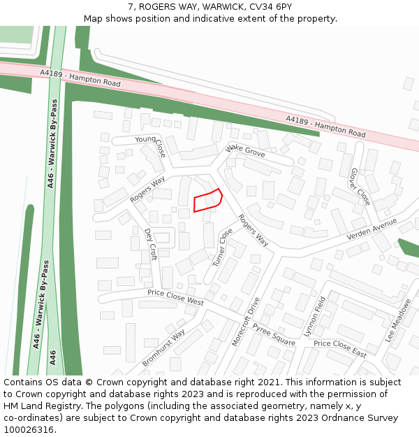 7, ROGERS WAY, WARWICK, CV34 6PY: Location map and indicative extent of plot