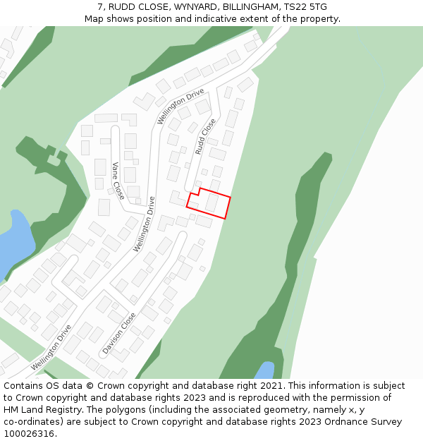 7, RUDD CLOSE, WYNYARD, BILLINGHAM, TS22 5TG: Location map and indicative extent of plot