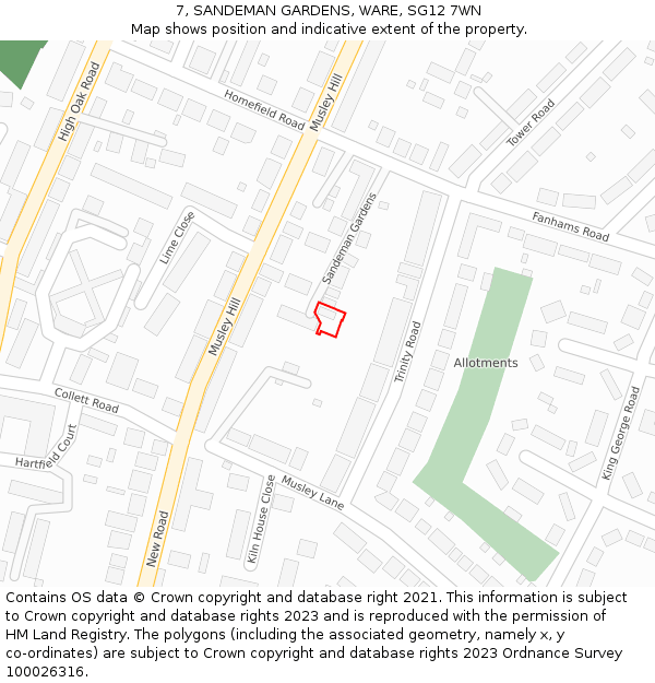 7, SANDEMAN GARDENS, WARE, SG12 7WN: Location map and indicative extent of plot