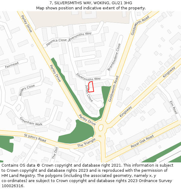 7, SILVERSMITHS WAY, WOKING, GU21 3HG: Location map and indicative extent of plot