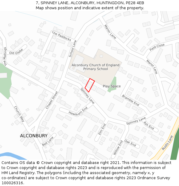 7, SPINNEY LANE, ALCONBURY, HUNTINGDON, PE28 4EB: Location map and indicative extent of plot