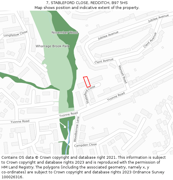 7, STABLEFORD CLOSE, REDDITCH, B97 5HS: Location map and indicative extent of plot