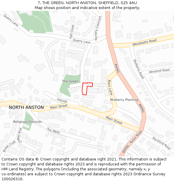 7, THE GREEN, NORTH ANSTON, SHEFFIELD, S25 4AU: Location map and indicative extent of plot