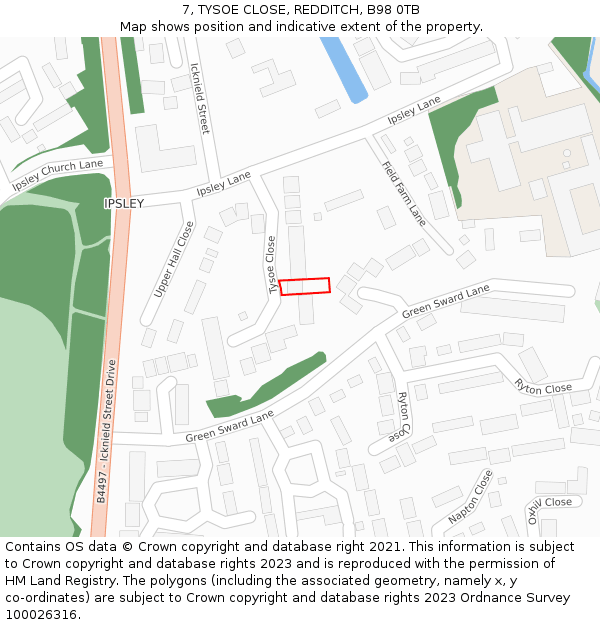 7, TYSOE CLOSE, REDDITCH, B98 0TB: Location map and indicative extent of plot