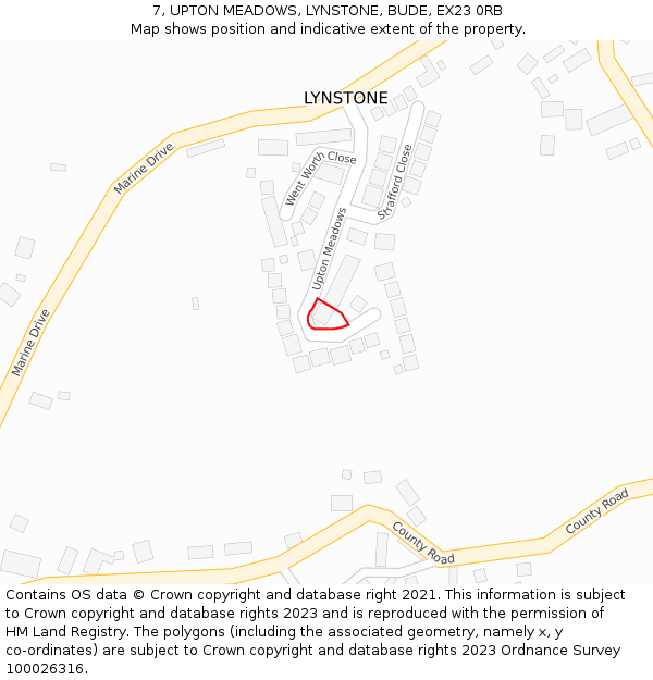 7, UPTON MEADOWS, LYNSTONE, BUDE, EX23 0RB: Location map and indicative extent of plot