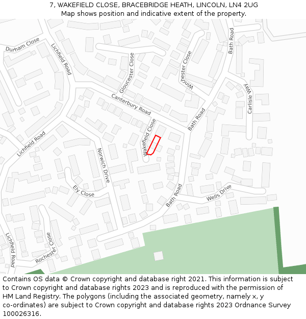 7, WAKEFIELD CLOSE, BRACEBRIDGE HEATH, LINCOLN, LN4 2UG: Location map and indicative extent of plot