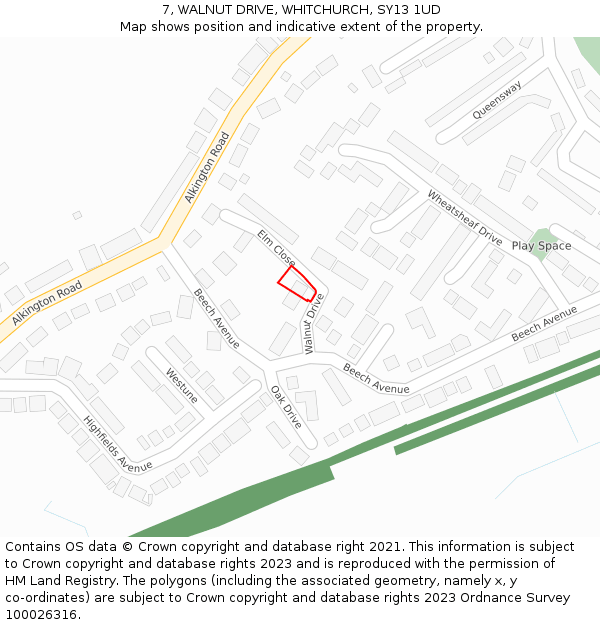 7, WALNUT DRIVE, WHITCHURCH, SY13 1UD: Location map and indicative extent of plot