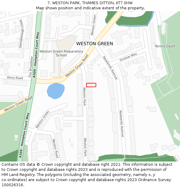 7, WESTON PARK, THAMES DITTON, KT7 0HW: Location map and indicative extent of plot