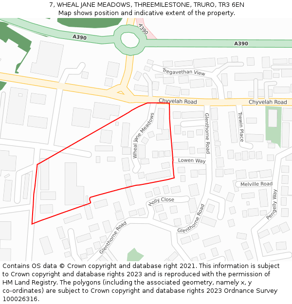 7, WHEAL JANE MEADOWS, THREEMILESTONE, TRURO, TR3 6EN: Location map and indicative extent of plot