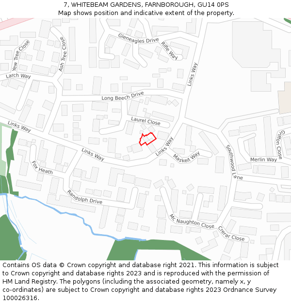 7, WHITEBEAM GARDENS, FARNBOROUGH, GU14 0PS: Location map and indicative extent of plot