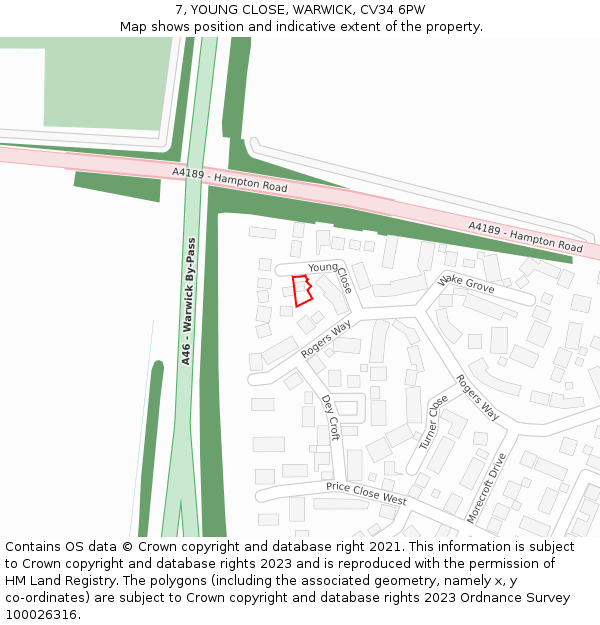 7, YOUNG CLOSE, WARWICK, CV34 6PW: Location map and indicative extent of plot