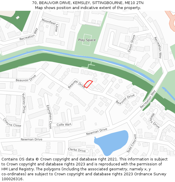 70, BEAUVOIR DRIVE, KEMSLEY, SITTINGBOURNE, ME10 2TN: Location map and indicative extent of plot