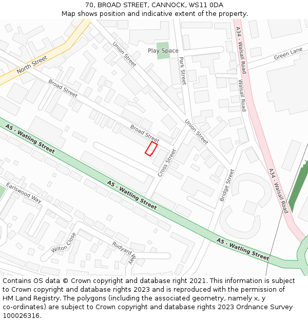 70, BROAD STREET, CANNOCK, WS11 0DA: Location map and indicative extent of plot