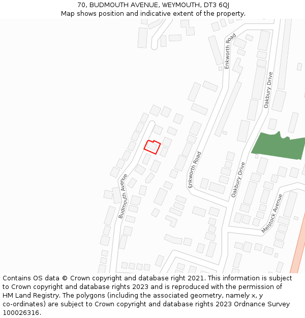 70, BUDMOUTH AVENUE, WEYMOUTH, DT3 6QJ: Location map and indicative extent of plot