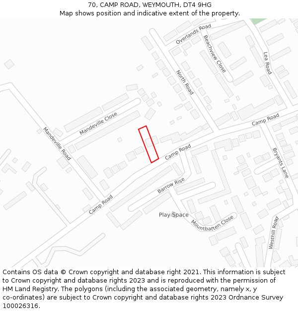 70, CAMP ROAD, WEYMOUTH, DT4 9HG: Location map and indicative extent of plot