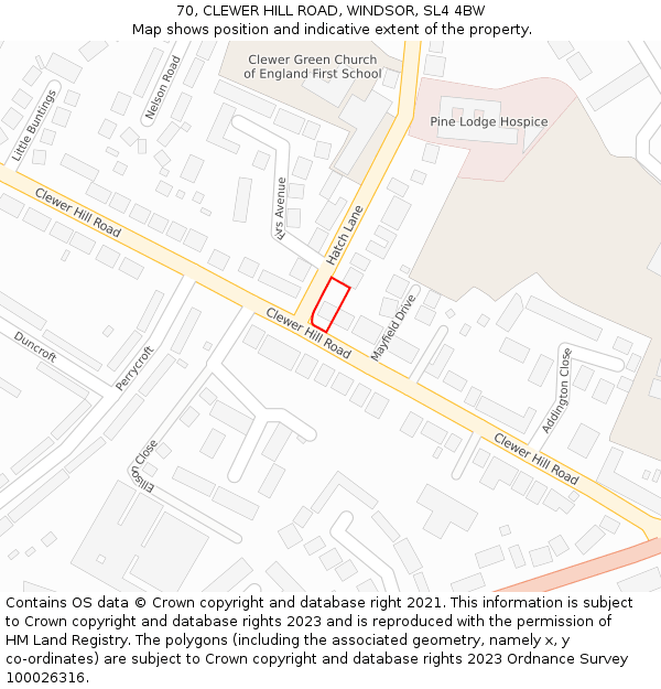 70, CLEWER HILL ROAD, WINDSOR, SL4 4BW: Location map and indicative extent of plot