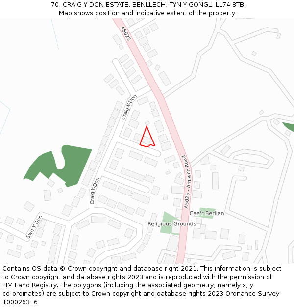 70, CRAIG Y DON ESTATE, BENLLECH, TYN-Y-GONGL, LL74 8TB: Location map and indicative extent of plot