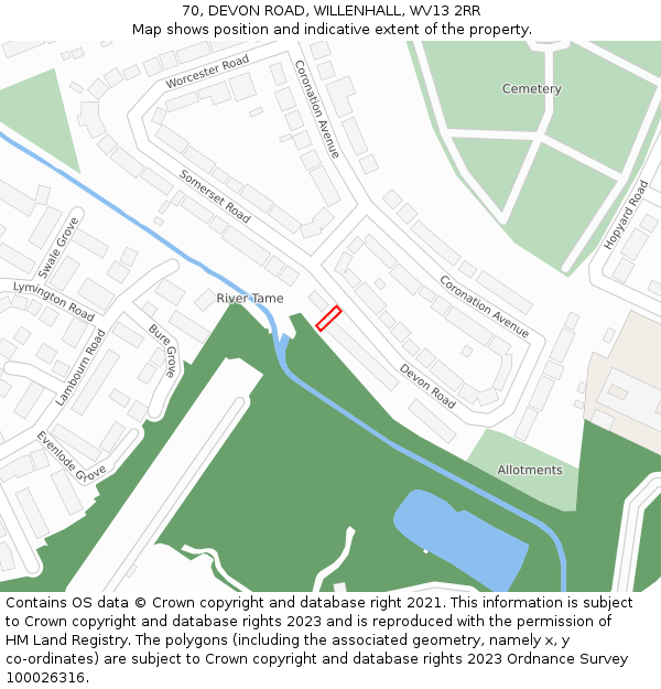 70, DEVON ROAD, WILLENHALL, WV13 2RR: Location map and indicative extent of plot