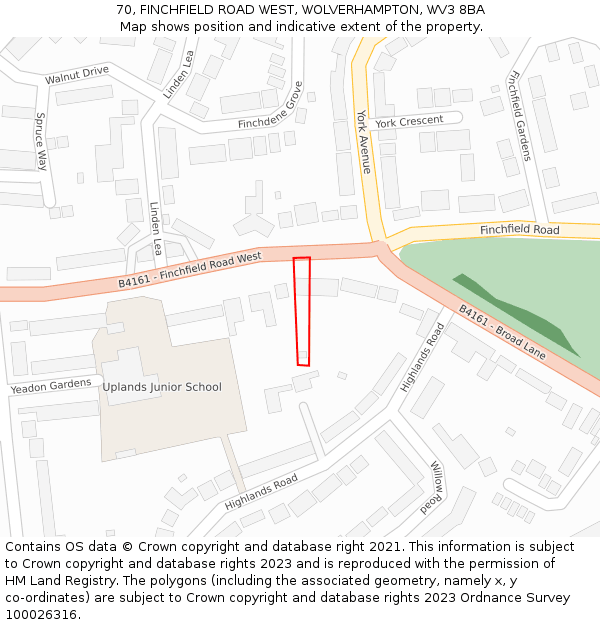 70, FINCHFIELD ROAD WEST, WOLVERHAMPTON, WV3 8BA: Location map and indicative extent of plot