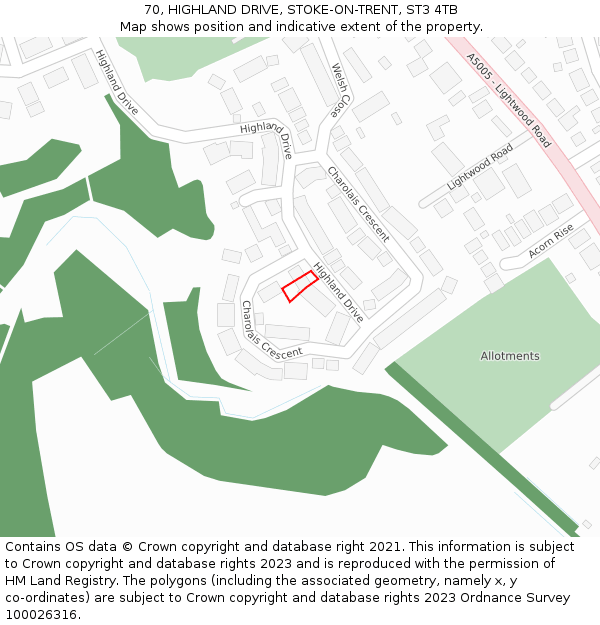 70, HIGHLAND DRIVE, STOKE-ON-TRENT, ST3 4TB: Location map and indicative extent of plot