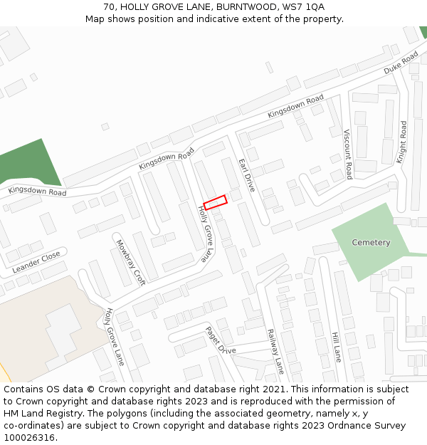 70, HOLLY GROVE LANE, BURNTWOOD, WS7 1QA: Location map and indicative extent of plot