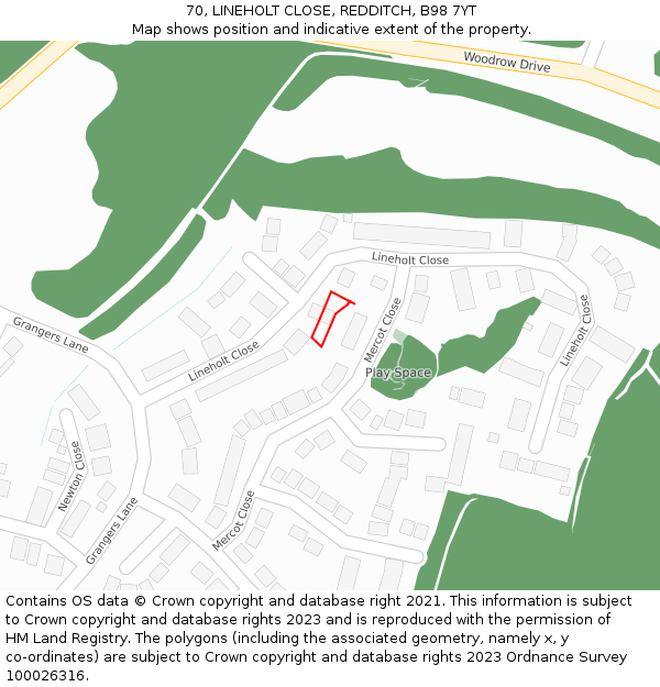 70, LINEHOLT CLOSE, REDDITCH, B98 7YT: Location map and indicative extent of plot