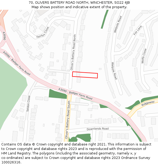 70, OLIVERS BATTERY ROAD NORTH, WINCHESTER, SO22 4JB: Location map and indicative extent of plot