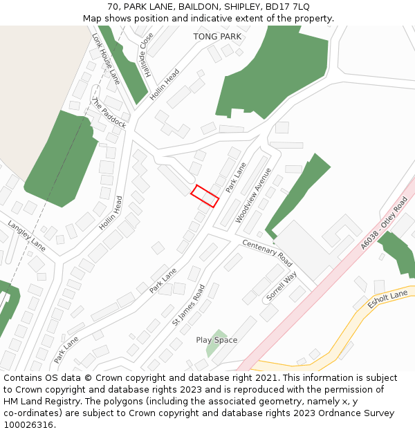 70, PARK LANE, BAILDON, SHIPLEY, BD17 7LQ: Location map and indicative extent of plot
