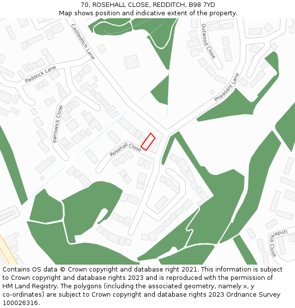 70, ROSEHALL CLOSE, REDDITCH, B98 7YD: Location map and indicative extent of plot