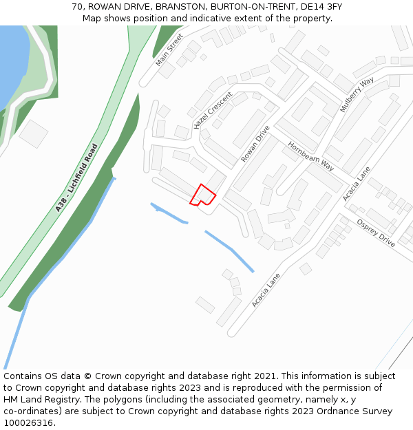 70, ROWAN DRIVE, BRANSTON, BURTON-ON-TRENT, DE14 3FY: Location map and indicative extent of plot